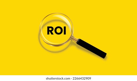 Vector illustration of text Return on Investment ROI acronym banner with magnifying glass on yellow background.