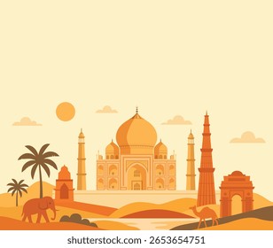 Ilustración vectorial con espacio de texto que representa Taj Mahal, Qutub Minar, Puerta de la India, paisaje desértico. Diversidad cultural y natural del patrimonio indio. Para tarjetas del Día de la República, Anuncios celebrando la unidad