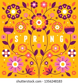 Vector illustration with text spring in simple flat geometric and linear style in bright colors - frame with decorative flowers, leaves - design template for covers, banners, packaging 