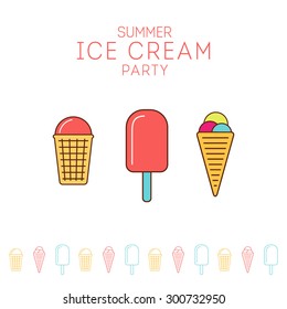 Vector illustration with text Summer ice cream party. ice cream flat and line icons. 