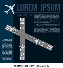 Vector illustration with text template, airplanes and runways.