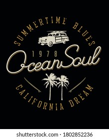 Vector illustration of text, vintage surfer car, surfboards and palms.