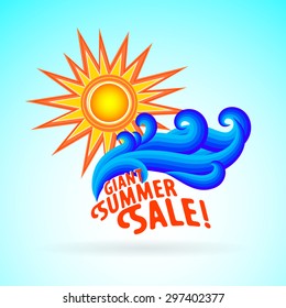 Vector illustration with text, waves and sun symbol and splashing water on sky blue background. Design template for hotel logo or wedding on beach invitation. Concept of summer sale and vacation