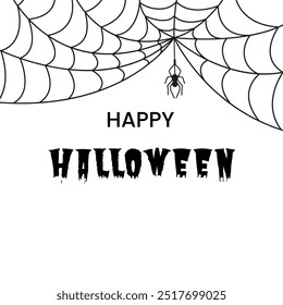 Vector illustration of text with web and spider for Halloween in doodle style. Holiday background. Illustration for posters, cards, flyers and invitations. Logo for All Saints Day.