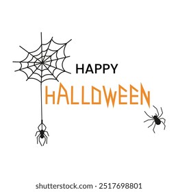 Vector illustration of text with web and spiders for Halloween in doodle style. Holiday background. Illustration for posters, cards, flyers and invitations. 