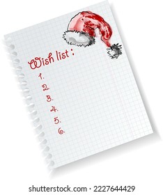 Vector illustration with the text wish list for Santa on the piece of paper with Santa cap, hood,red  hat.
