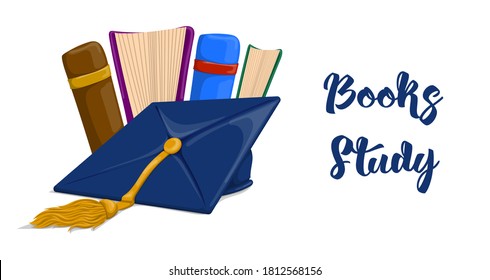 Vector illustration of textbooks and of the graduate hat in cartoon style