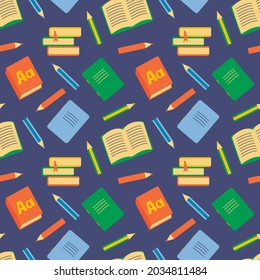 Vector illustration with textbooks, notebooks and pencils in the flat style on a dark blue background. Seamless pattern for printing on fabric, gift paper, packaging, etc.