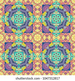 Vector illustration. Textile design texture. Seamless pattern abstract background. With saturated shapes in pink, yellow and blue colors. Ethnic tracery for print on textile.