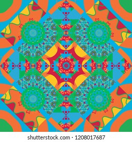 Vector illustration. Textile design texture. Ethnic tracery for print on textile. Seamless pattern abstract background. With saturated shapes in orange, green and blue colors.