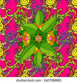 Vector illustration. Textile design. Tropical floral seamless pattern. Watercolour exotic leaves, monstera, fan palm and orchids. Vivid tones on green, black and magenta background.