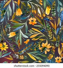 Vector illustration for textile and different occasions. Cute summer and spring background. Floral seamless pattern with watercolor flowers on the black blurred background. Yellow and blue flowers