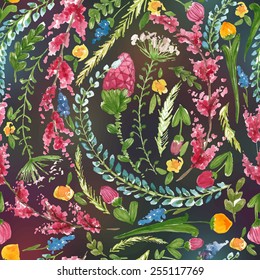  Vector illustration for textile and different occasions. Cute summer and spring background. Floral pattern with watercolor flowers on the black blurred background. Isolated pink herbs