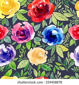 Vector illustration for textile and different occasions. Cute summer and spring background. Floral pattern with watercolor flowers on the black background.