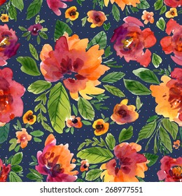 Vector illustration for textile and different occasions. Cute summer and spring background. Floral pattern with watercolor flowers on the blue background. Isolated peonies