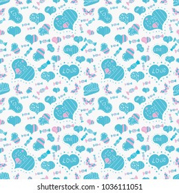 Vector illustration. Textile graphic t shirt print on neutral, blue and white colors. Design. Seamless All you need is love quote with hearts.