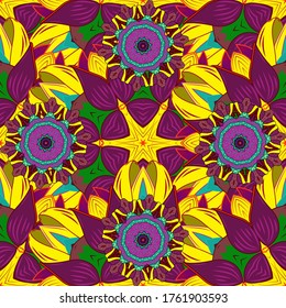 Ilustración vectorial. Para textiles, invitaciones, banners y otros. Mandala floral redonda de color rojo, amarillo y violeta.