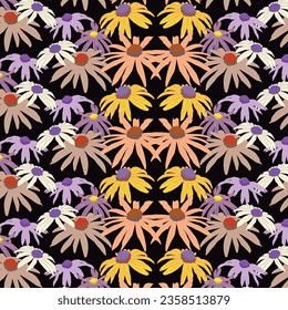 Vector illustration textile pattern with colorful daisies on black background
