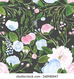Vector illustration for textile, wallpapers, wedding, birthday and different holidays. Cute summer and spring background. Floral pattern with acrylic flowers on the black background. Isolated.