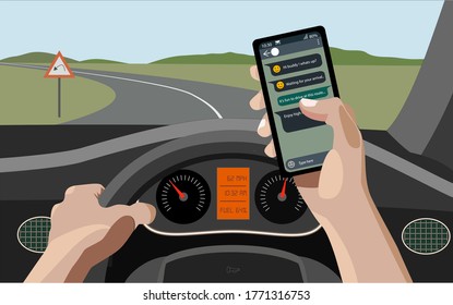 Vector illustration of texting in smartphone while driving