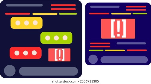 Vector illustration of texts between two people with red flags, Online dating, Spam and Privacy alert. Cyber security and hacking in relationships and love. Phishing mails and messages. Catfishing.