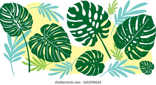 Vector illustration of texture background. Botanical design and print for background, greeting card, print on t-shirts.Monstera flower design