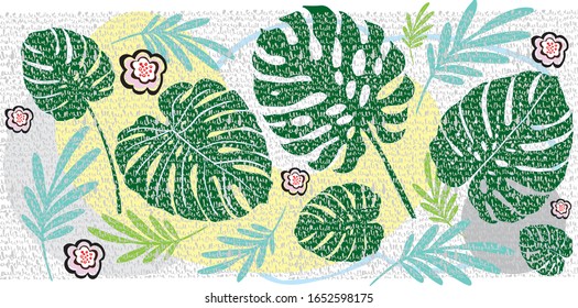 Vector illustration of texture background. Botanical design and print for background, greeting card, print on t-shirts.Monstera flower design