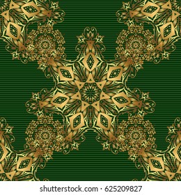 Vector illustration. Texture of gold foil. Polka dots, confetti. Green and gold seamless pattern. Abstract geometric modern background. Art deco style. Shiny backdrop.