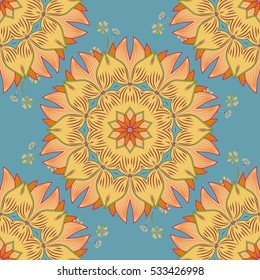vector illustration texture. Mandala yellow and beige. Blue background.