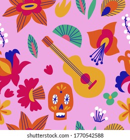 Vector illustration texture with mexican flowers for Day of the dead, Dia de los moertos. Seamless pattern