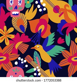 Vector illustration texture with mexican flowers for Day of the dead, Dia de los moertos. Seamless pattern