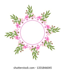 Vector illustration texture pink wreath frame with white backdrop hand drawn