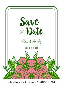Vector illustration texture pink wreath frame with invitation card wedding hand drawn