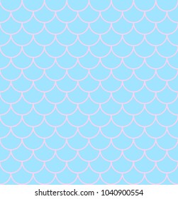 Vector illustration texture of scales on mermaid tail or fish, seamless pattern of scales in pink colors on blue background. Fish skin texture in cartoon style.