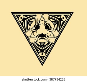 vector illustration texture symmetrical pattern of the elements of geometric shapes and lines in black on a yellow background triangle