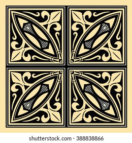 vector illustration texture symmetrical pattern in black on a yellow background elements of geometric shapes and lines in a square