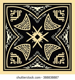 vector illustration texture symmetrical pattern in black on a yellow background elements of geometric shapes and lines in a square