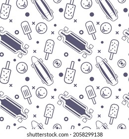 Vector Illustration of Textured Board, Smile and Ice Cream. Skateboarding Seamless Pattern with Cartoon Skateboard. Line Art Style Skate on White Color Background for T-shirt and Paper Print