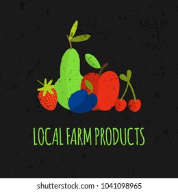 Vector illustration of textured fruits composition with text Local Farm Products on dark background for fruit shop decoration, banner, print, poster