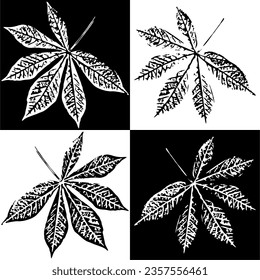 Vector illustration of textured leaves in black and white, positive and negative versions