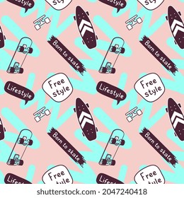 Vector Illustration of Textured Line Skate Board. Skateboarding Seamless Pattern with Cartoon Skateboard and Quote. Flat Style Skate Pink and Blue Color Background for T-shirt and Paper Print