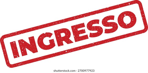 Ilustração vetorial de um selo vermelho de Ingresso texturizado, significando Entrada em Italiano, mostrado em um quadro retangular orientado diagonalmente. Este elemento gráfico é ideal para sinalização e design.
