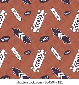 Vector Illustration of Textured Skate Board and Word. Skateboarding Seamless Pattern with Cartoon Skateboard. Flat Style Skate Brown Background for T-shirt and Paper Print