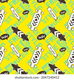 Ilustración vectorial de la tabla de skate texturizada y de la palabra. Skateboarding Patrón sin Maravilla con Skateboard. Fondo de color amarillo de estilo Art Line plana para la impresión de camisetas y papel
