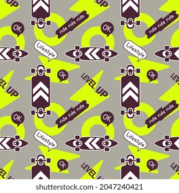 Vector Illustration of Textured Skate Board and Word. Skateboarding Seamless Pattern with Skateboard. Flat Style Color Background for T-shirt and Paper Print