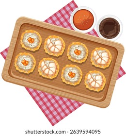 Vector illustration of Thai appetizers on a wooden tray with sauces. Vibrant colors and detailed textures enhance the composition