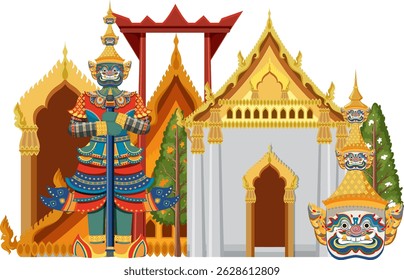 Vector illustration of Thai architecture with vibrant colors, featuring a mythical guardian statue, showcasing intricate cultural details