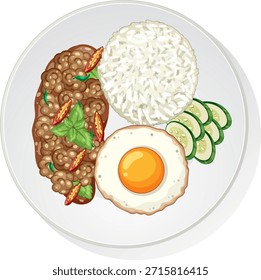 Ilustración vectorial de carne de albahaca tailandesa, arroz al vapor, huevo frito y pepino en un plato blanco