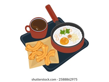 Vector illustration of Thai breakfast "Patongo". Thai food is eaten for breakfast with sweetened condensed milk, porridge, and hot coffee on a tray of isolated elements on a white background.

