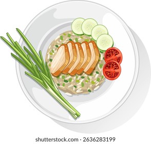 Vector illustration of Thai chicken rice with sliced cucumbers, tomatoes, and green onions on a white plate